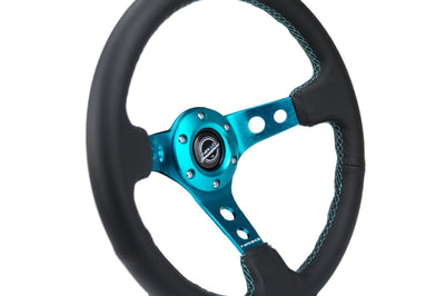 NRG Reinforce Steering Wheel (350mm / 3in. Deep) Blk Leather Teal Center Mark w/ Stitching - Interior Accessories