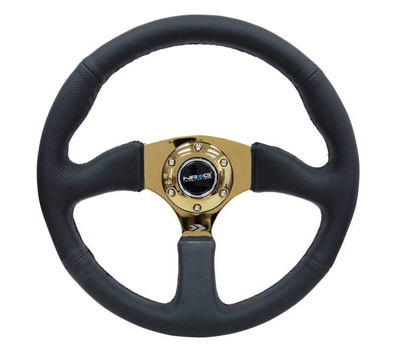 NRG Reinforced Steering Wheel (350mm / 2.5in. Deep) Leather Race Comfort Grip w/4mm Gold Spokes - Interior Accessories