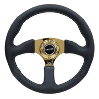 NRG Reinforced Steering Wheel (350mm / 2.5in. Deep) Leather Race Comfort Grip w/4mm Gold Spokes - Interior Accessories
