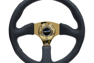 NRG Reinforced Steering Wheel (350mm / 2.5in. Deep) Leather Race Comfort Grip w/4mm Gold Spokes - Interior Accessories