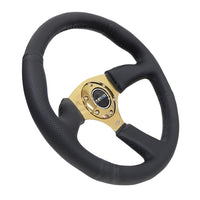 NRG Reinforced Steering Wheel (350mm / 2.5in. Deep) Leather Race Comfort Grip w/4mm Gold Spokes - Interior Accessories