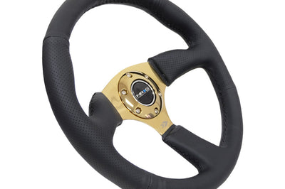 NRG Reinforced Steering Wheel (350mm / 2.5in. Deep) Leather Race Comfort Grip w/4mm Gold Spokes - Interior Accessories
