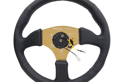 NRG Reinforced Steering Wheel (350mm / 2.5in. Deep) Leather Race Comfort Grip w/4mm Gold Spokes - Interior Accessories