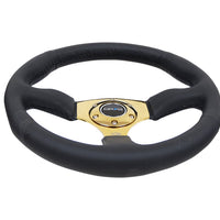 NRG Reinforced Steering Wheel (350mm / 2.5in. Deep) Leather Race Comfort Grip w/4mm Gold Spokes - Interior Accessories