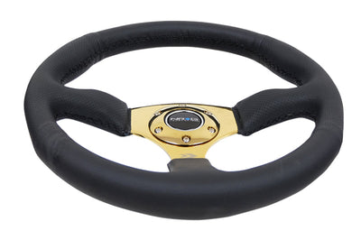 NRG Reinforced Steering Wheel (350mm / 2.5in. Deep) Leather Race Comfort Grip w/4mm Gold Spokes - Interior Accessories