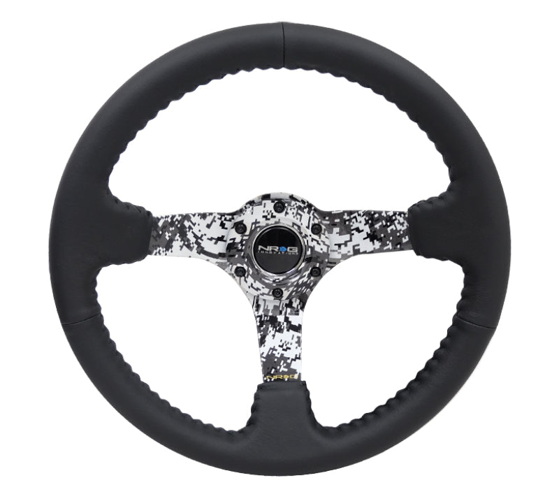 NRG Reinforced Steering Wheel (350mm / 3in. Deep) Blk Leather w/Hydrodipped Digi-Camo Spokes - Interior Accessories