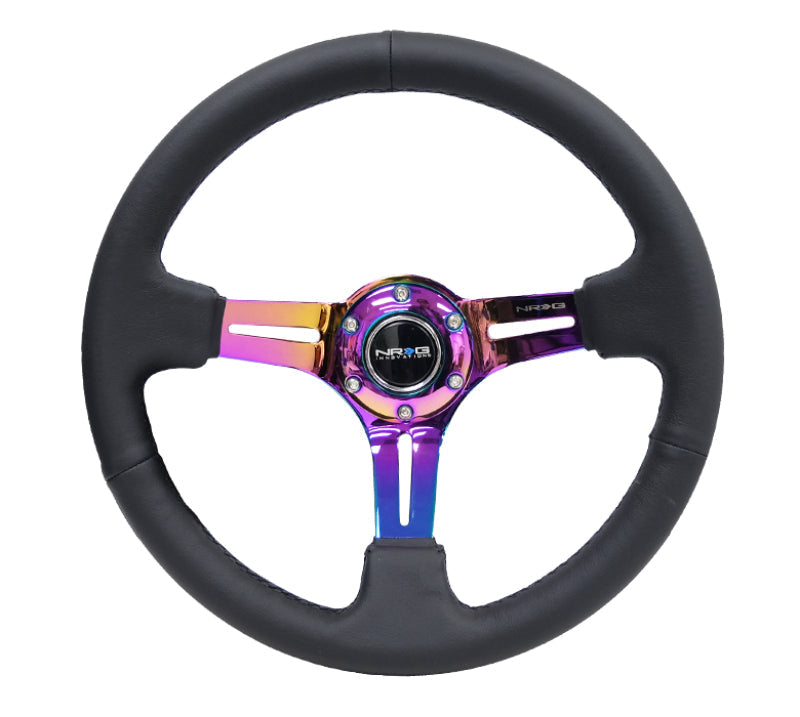 NRG Reinforced Steering Wheel (350mm / 3in. Deep) Blk Leather/Blk Stitch w/Neochrome Slits - Interior Accessories