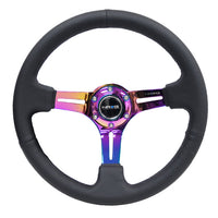 NRG Reinforced Steering Wheel (350mm / 3in. Deep) Blk Leather/Blk Stitch w/Neochrome Slits - Interior Accessories