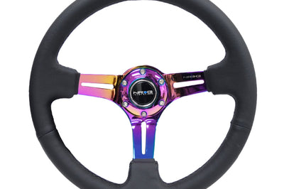 NRG Reinforced Steering Wheel (350mm / 3in. Deep) Blk Leather/Blk Stitch w/Neochrome Slits - Interior Accessories