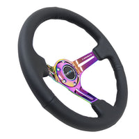 NRG Reinforced Steering Wheel (350mm / 3in. Deep) Blk Leather/Blk Stitch w/Neochrome Slits - Interior Accessories