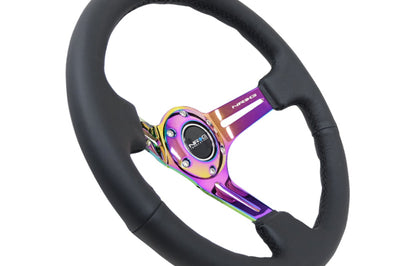NRG Reinforced Steering Wheel (350mm / 3in. Deep) Blk Leather/Blk Stitch w/Neochrome Slits - Interior Accessories