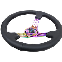 NRG Reinforced Steering Wheel (350mm / 3in. Deep) Blk Leather/Blk Stitch w/Neochrome Slits - Interior Accessories