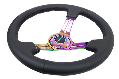 NRG Reinforced Steering Wheel (350mm / 3in. Deep) Blk Leather/Blk Stitch w/Neochrome Slits - Interior Accessories