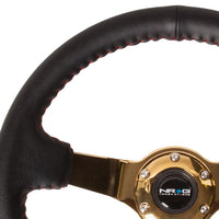NRG Reinforced Steering Wheel (350mm / 3in. Deep) Blk Leather/Red BBall Stitch w/4mm Gold Spokes - Interior Accessories