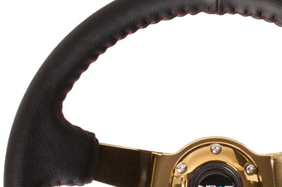 NRG Reinforced Steering Wheel (350mm / 3in. Deep) Blk Leather/Red BBall Stitch w/4mm Gold Spokes - Interior Accessories