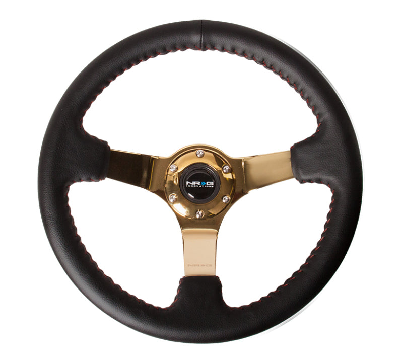NRG Reinforced Steering Wheel (350mm / 3in. Deep) Blk Leather/Red BBall Stitch w/4mm Gold Spokes - Interior Accessories