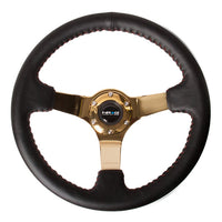 NRG Reinforced Steering Wheel (350mm / 3in. Deep) Blk Leather/Red BBall Stitch w/4mm Gold Spokes - Interior Accessories