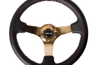 NRG Reinforced Steering Wheel (350mm / 3in. Deep) Blk Leather/Red BBall Stitch w/4mm Gold Spokes - Interior Accessories