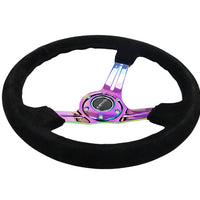 NRG Reinforced Steering Wheel (350mm / 3in. Deep) Blk Suede/Blk Stitch w/Neochrome Slits - Interior Accessories