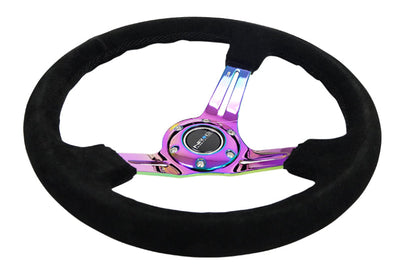NRG Reinforced Steering Wheel (350mm / 3in. Deep) Blk Suede/Blk Stitch w/Neochrome Slits - Interior Accessories