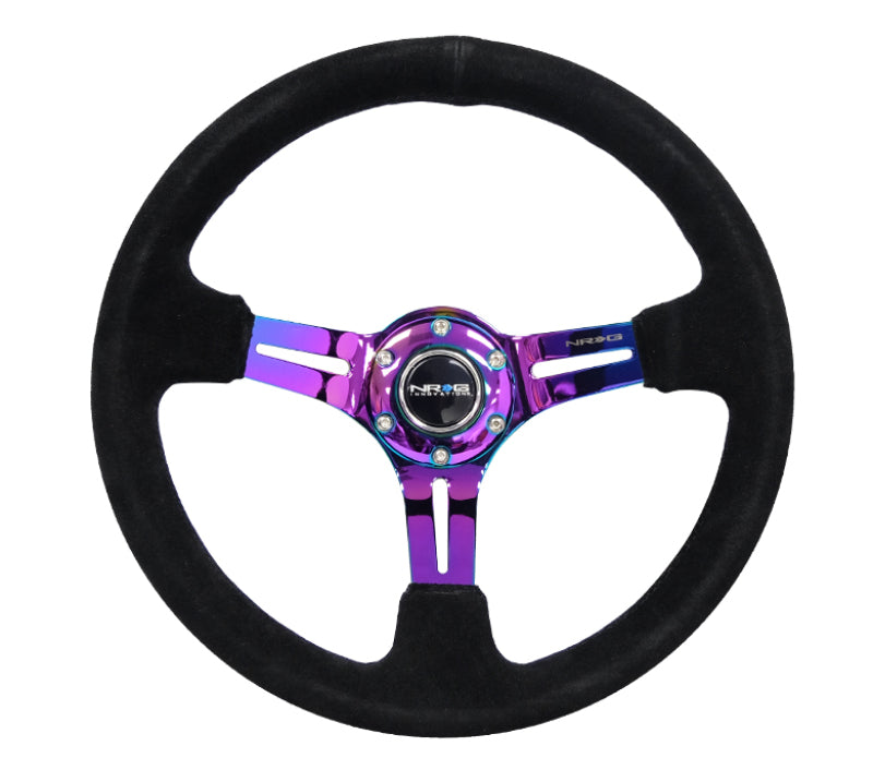 NRG Reinforced Steering Wheel (350mm / 3in. Deep) Blk Suede/Blk Stitch w/Neochrome Slits - Interior Accessories