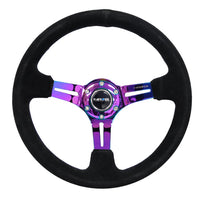 NRG Reinforced Steering Wheel (350mm / 3in. Deep) Blk Suede/Blk Stitch w/Neochrome Slits - Interior Accessories