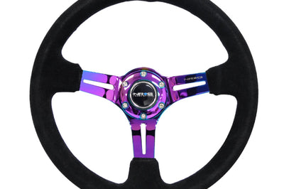 NRG Reinforced Steering Wheel (350mm / 3in. Deep) Blk Suede/Blk Stitch w/Neochrome Slits - Interior Accessories
