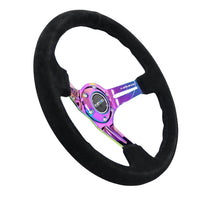 NRG Reinforced Steering Wheel (350mm / 3in. Deep) Blk Suede/Blk Stitch w/Neochrome Slits - Interior Accessories