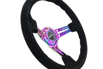 NRG Reinforced Steering Wheel (350mm / 3in. Deep) Blk Suede/Blk Stitch w/Neochrome Slits - Interior Accessories