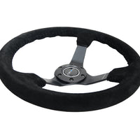 NRG Reinforced Steering Wheel (350mm / 3in. Deep) Blk Suede/Blk Bball Stitch w/5mm Matte Black Spoke - Interior