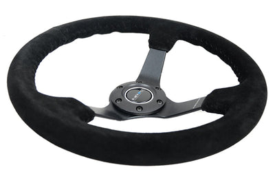 NRG Reinforced Steering Wheel (350mm / 3in. Deep) Blk Suede/Blk Bball Stitch w/5mm Matte Black Spoke - Interior