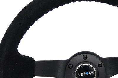 NRG Reinforced Steering Wheel (350mm / 3in. Deep) Blk Suede/Blk Bball Stitch w/5mm Matte Black Spoke - Interior
