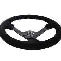 NRG Reinforced Steering Wheel (350mm / 3in. Deep) Blk Suede/Blk Bball Stitch w/5mm Matte Black Spoke - Interior