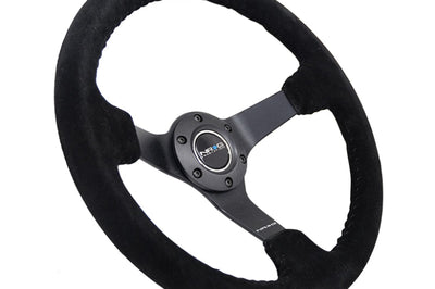 NRG Reinforced Steering Wheel (350mm / 3in. Deep) Blk Suede/Blk Bball Stitch w/5mm Matte Black Spoke - Interior