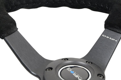 NRG Reinforced Steering Wheel (350mm / 3in. Deep) Blk Suede/Blk Bball Stitch w/5mm Matte Black Spoke - Interior