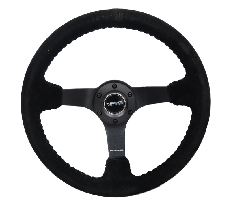 NRG Reinforced Steering Wheel (350mm / 3in. Deep) Blk Suede/Blk Bball Stitch w/5mm Matte Black Spoke - Interior
