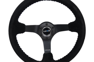 NRG Reinforced Steering Wheel (350mm / 3in. Deep) Blk Suede/Blk Bball Stitch w/5mm Matte Black Spoke - Interior
