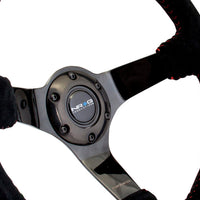 NRG Reinforced Steering Wheel (350mm / 3in. Deep) Blk Suede w/Red BBall Stitch & Black 3-Spoke - Interior Accessories
