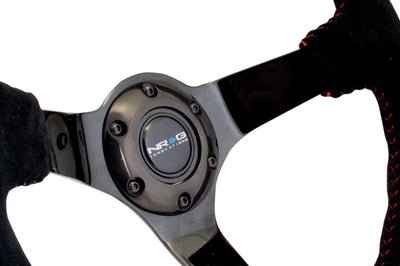 NRG Reinforced Steering Wheel (350mm / 3in. Deep) Blk Suede w/Red BBall Stitch & Black 3-Spoke - Interior Accessories