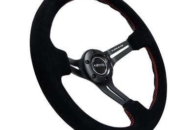 NRG Reinforced Steering Wheel (350mm / 3in. Deep) Blk Suede w/Red Stitching & 5mm Spokes w/Slits - Interior Accessories