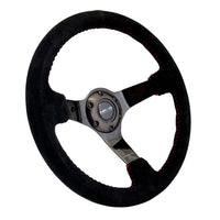 NRG Reinforced Steering Wheel (350mm / 3in. Deep) Blk Suede w/Red BBall Stitch & Black 3-Spoke - Interior Accessories