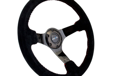 NRG Reinforced Steering Wheel (350mm / 3in. Deep) Blk Suede w/Red BBall Stitch & Black 3-Spoke - Interior Accessories