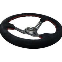 NRG Reinforced Steering Wheel (350mm / 3in. Deep) Blk Suede w/Red Stitching & 5mm Spokes w/Slits - Interior Accessories
