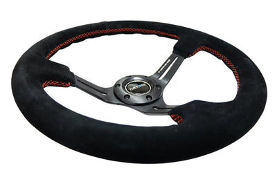 NRG Reinforced Steering Wheel (350mm / 3in. Deep) Blk Suede w/Red Stitching & 5mm Spokes w/Slits - Interior Accessories