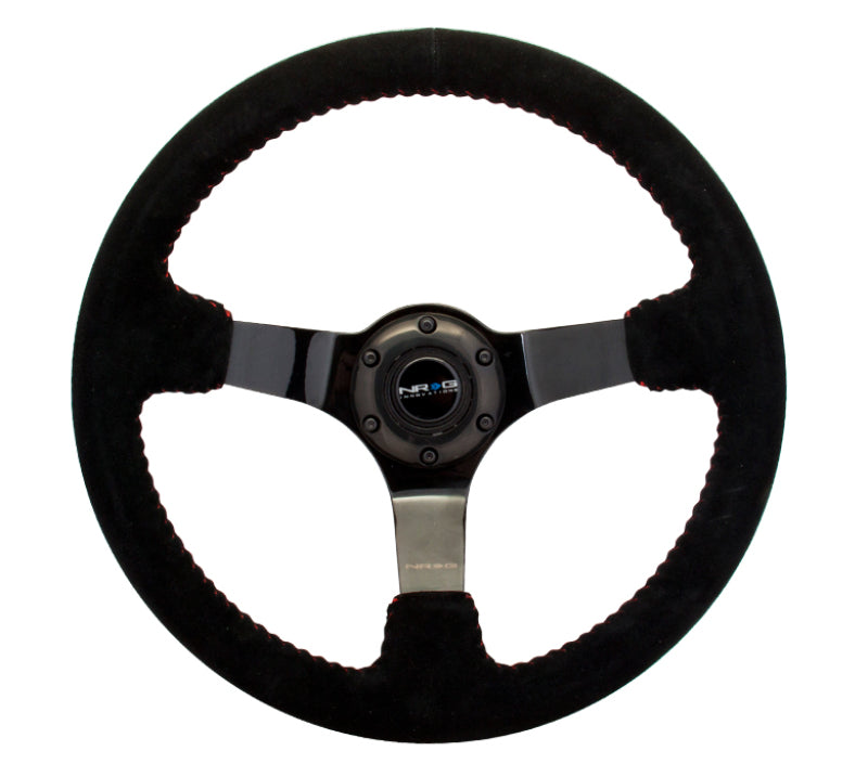NRG Reinforced Steering Wheel (350mm / 3in. Deep) Blk Suede w/Red BBall Stitch & Black 3-Spoke - Interior Accessories