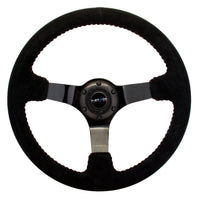 NRG Reinforced Steering Wheel (350mm / 3in. Deep) Blk Suede w/Red BBall Stitch & Black 3-Spoke - Interior Accessories