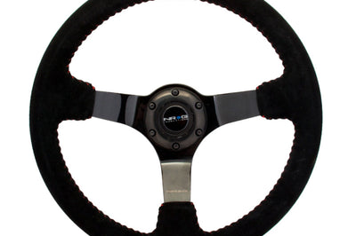 NRG Reinforced Steering Wheel (350mm / 3in. Deep) Blk Suede w/Red BBall Stitch & Black 3-Spoke - Interior Accessories