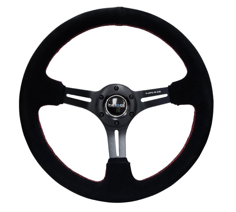 NRG Reinforced Steering Wheel (350mm / 3in. Deep) Blk Suede w/Red Stitching & 5mm Spokes w/Slits - Interior Accessories