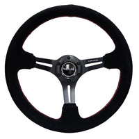 NRG Reinforced Steering Wheel (350mm / 3in. Deep) Blk Suede w/Red Stitching & 5mm Spokes w/Slits - Interior Accessories