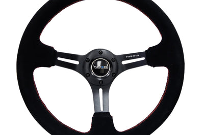 NRG Reinforced Steering Wheel (350mm / 3in. Deep) Blk Suede w/Red Stitching & 5mm Spokes w/Slits - Interior Accessories